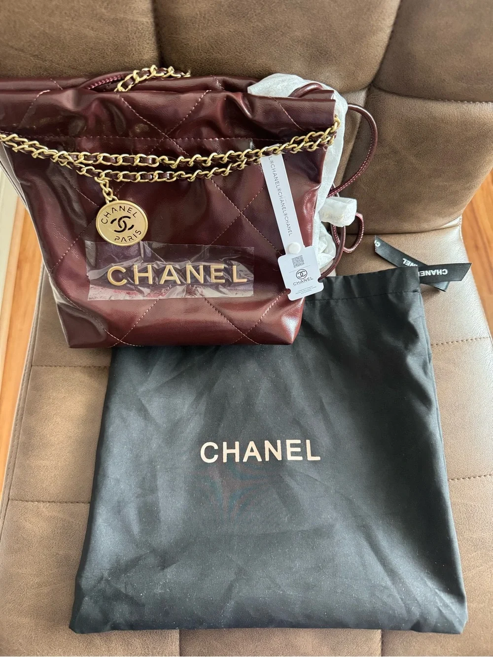 Quilted Shoulder Bag in Burgundy with Gold Hardware